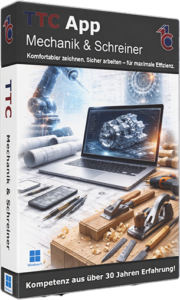 Box cover for TTC App Mechanik & Schreiner; laptop displays a mechanical part on a workbench with tools nearby.