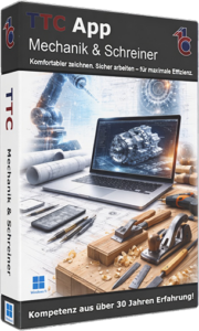 TTC App Mechanik & Schreiner box — software for mechanics and carpenters; laptop with a 3D engine model and workshop tools in a workshop scene.