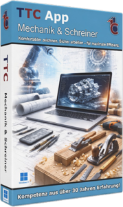 Software box for TTC App: Mechanic & Carpenter, showing a laptop with a 3D engine model, blueprints, and woodworking tools on a workbench.