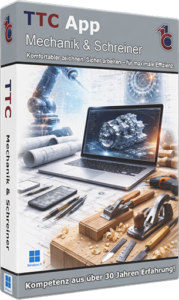 Package cover for TTC App Mechanik & Schreiner, showing a laptop with a 3D gear model and tools on a workbench.