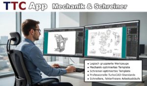 Mann mit Brille arbeitet an CAD-Entwürfen an zwei Monitoren; neben ihm eine bulleted Liste mit Vorteilen/Features.