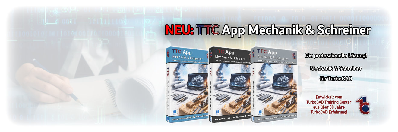 Banner advertising the new TTC App for mechanics and carpenters, with three software boxes and German text.