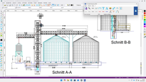 Technical drawing of a silo complex with two storage silos, a crane, and connecting framework, labeled Schnitt A-A and B-B (cross-sections).