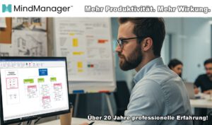 MindManager Banner: 'Mehr Produktivität. Mehr Wirkung.' Ein Mann mit Brille betrachtet ein Diagramm am Computer; Hintergrund Team; Text: 'Über 20 Jahre professionelle Erfahrung!'