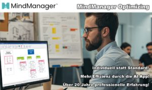 Professional man with beard at a desk, looking at a monitor displaying a flowchart; MindManager Optimizing banner above the scene.