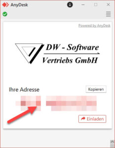 Screenshot of a DW-Software Vertriebs GmbH share window showing 'Ihre Adresse' with a blurred address area, a 'Kopieren' button and an 'Einladen' button; a red arrow points to the address field.
