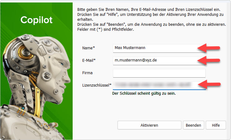 Copilot activation form with fields for Name, E-Mail, Company, and License key next to a robot-themed UI side panel.