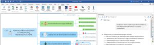 MindManager mind map titled 'Kommunikationsplan – Einführung Warenwirtschaft' with a blue left node and blue/green branches; right-side browser chat pane visible.