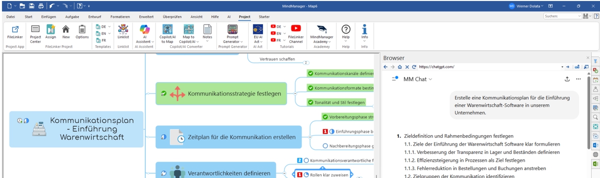 MindManager mind map titled 'Kommunikationsplan – Einführung Warenwirtschaft' with a blue left node and blue/green branches; right-side browser chat pane visible.