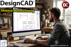 DesignCAD webinar recording: man at a desk working on CAD drawings on a monitor, with webinar-Aufzeichnung banner and branding logos (DC).