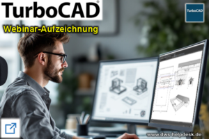 Designer working at a CAD workstation with two monitors displaying 3D drawings; TurboCAD webinar recording promo (Webinar-Aufzeichnung).