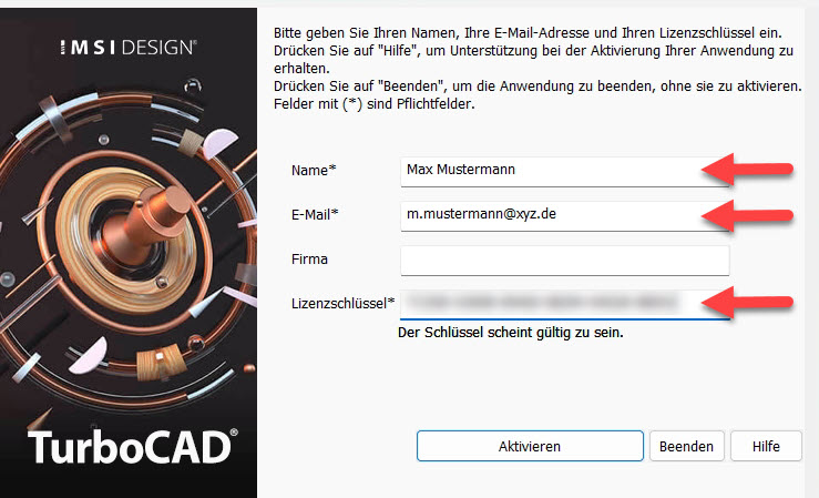 TurboCAD activation dialog with fields for Name, E‑Mail, Company and Lizenzschlüssel, plus Activate button.