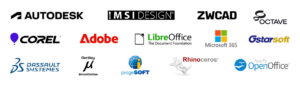 Collage of software company logos, including Autodesk, ZWCAD, Octave, Corel, Adobe, LibreOffice, Microsoft 365, GStarSoft, Dassault Systèmes, MicroStation, progeSOFT, Rhino Ceros, and OpenOffice.