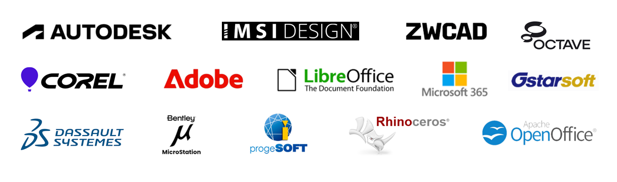 Collage of software company logos, including Autodesk, ZWCAD, Octave, Corel, Adobe, LibreOffice, Microsoft 365, GStarSoft, Dassault Systèmes, MicroStation, progeSOFT, Rhino Ceros, and OpenOffice.