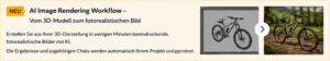 Banner announcing AI Image Rendering Workflow—Vom 3D-Modell zum fotorealistischen Bild; zeigt Auszüge von Fahrradbildern als Beispiele.