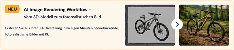 Neu: All Image Rendering Workflow — Vom 3D-Modell zum fotorealistischen Bild; banner zeigt eine 3D-Fahrraddarstellung auf einem Tablet neben einem echten Fahrradfoto auf dem Trail.