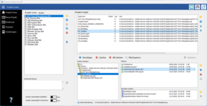 Screenshot of a German Project Center UI showing a left navigation pane, a central project list, and multiple detail panels with links and files.