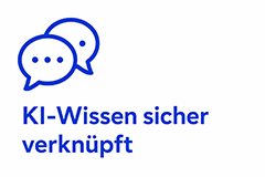Logo: two overlapping blue chat bubbles with the slogan 'KI-Wissen sicher verknüpft'.