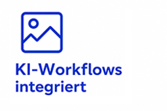 KI-Workflows integriert logo: blue framed image icon (mountains with pin) with the blue company name.