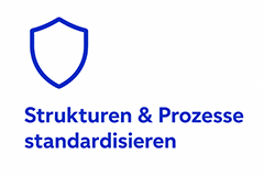 Blue shield outline icon next to the heading 'Strukturen & Prozesse standardisieren' in blue text.