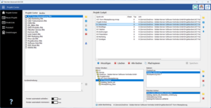 Screenshot of a German project center UI: left navigation, center project list with checkboxes, right cockpit links, bottom folder/tree view.
