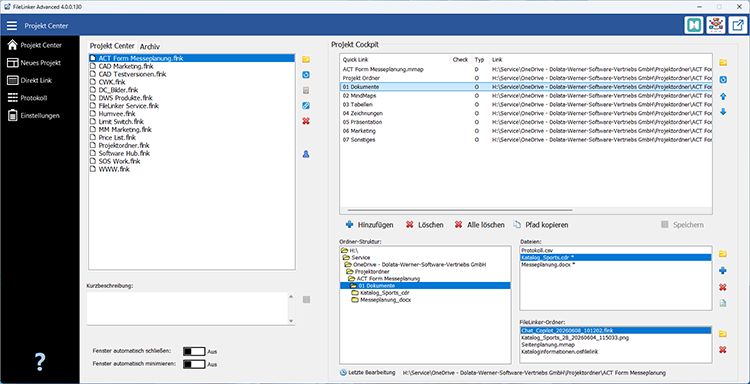 Screenshot of a German project center UI: left navigation, center project list with checkboxes, right cockpit links, bottom folder/tree view.