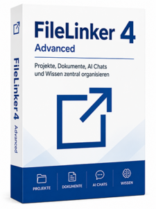 FileLinker 4 Advanced software box with blue logo and German subtitle about organizing projects, documents, AI chats and knowledge.