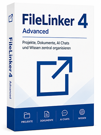FileLinker 4 Advanced software box with blue logo and German subtitle about organizing projects, documents, AI chats and knowledge.
