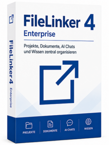 Box for FileLinker 4 Enterprise software with blue logo and arrow icon; reads 'Projekte, Dokumente, AI Chats und Wissen zentral organisieren'