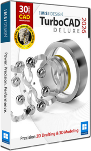 TurboCAD Deluxe 2026 software box by IMSI Design, featuring interlocking metallic gears artwork and a '30% faster CAD' badge; tagline reads 'Precision 2D Drafting & 3D Modeling'