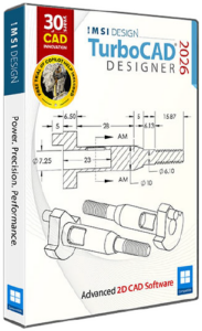 TurboCAD Designer 2026 box for advanced 2D CAD software, featuring a technical drawing and bolts.