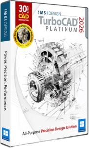 TurboCAD Platinum 2026 software box with gear blueprint, 'All-Purpose Precision Design Solution,' Windows logo, and 30% CAD Innovation badge.