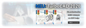 Banner announcing TurboCAD 2026 with three product boxes and IMSI Design logo; German text highlights professional 2D/3D design solutions.
