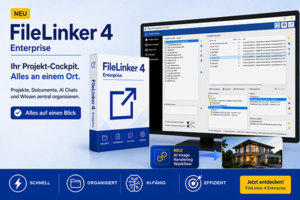 Advertising banner for FileLinker 4 Enterprise showing software box and a monitor with the user interface, promoting project cockpit and centralized info.