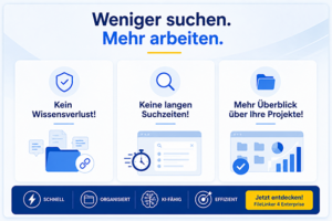 Werbebanner mit drei Karten: Kein Wissensverlust, Keine langen Suchzeiten, Mehr Überblick über Ihre Projekte; Slogan Weniger suchen. Mehr arbeiten.