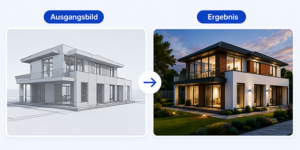 Comparison of a two-story house: left is a gray architectural sketch, right is a finished photorealistic render at dusk.