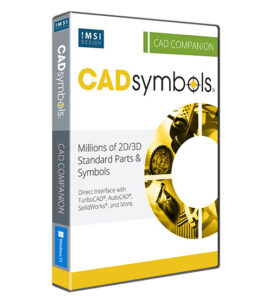 Boxed CAD software package titled CADsymbols CAD Companion by IMSI Design, with yellow 'CAD' logo and circular gear graphic on the cover.