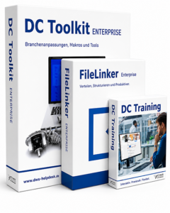 Boxed software set showing DC Toolkit Enterprise, FileLinker Enterprise, and DC Training.