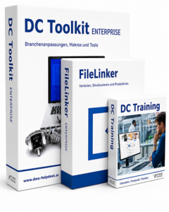 Box set displaying DC Toolkit Enterprise, FileLinker, and DC Training software packaging in white and blue.