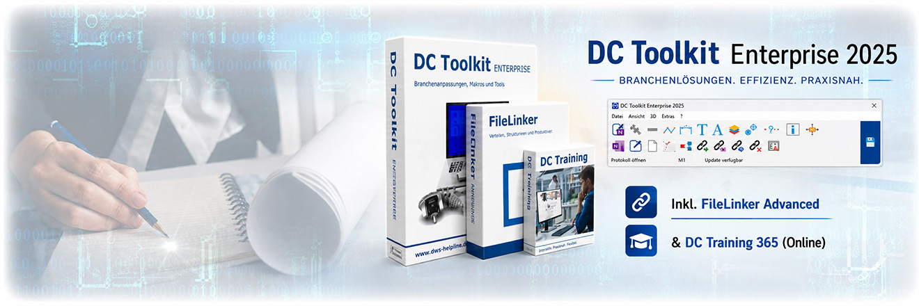Banner showing DC Toolkit Enterprise 2025 products: boxed software, FileLinker, and training packages set against a light-blue tech background with a hand writing on paper to the left.