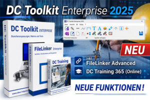 Promotional banner for DC Toolkit Enterprise 2025 with product boxes (FileLinker, DC Training 365 Online), a toolbar image, and 'Neue Funktionen' text.