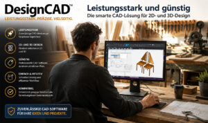 Man at a workshop desk using CAD software on a wide monitor to edit a 3D chair model, with a feature list on the left side of the image.