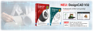 Promotional banner for DesignCAD V32 featuring two software boxes and CAD screen previews on the right.