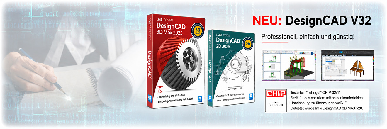 Promotional banner for DesignCAD V32 featuring two software boxes and CAD screen previews on the right.