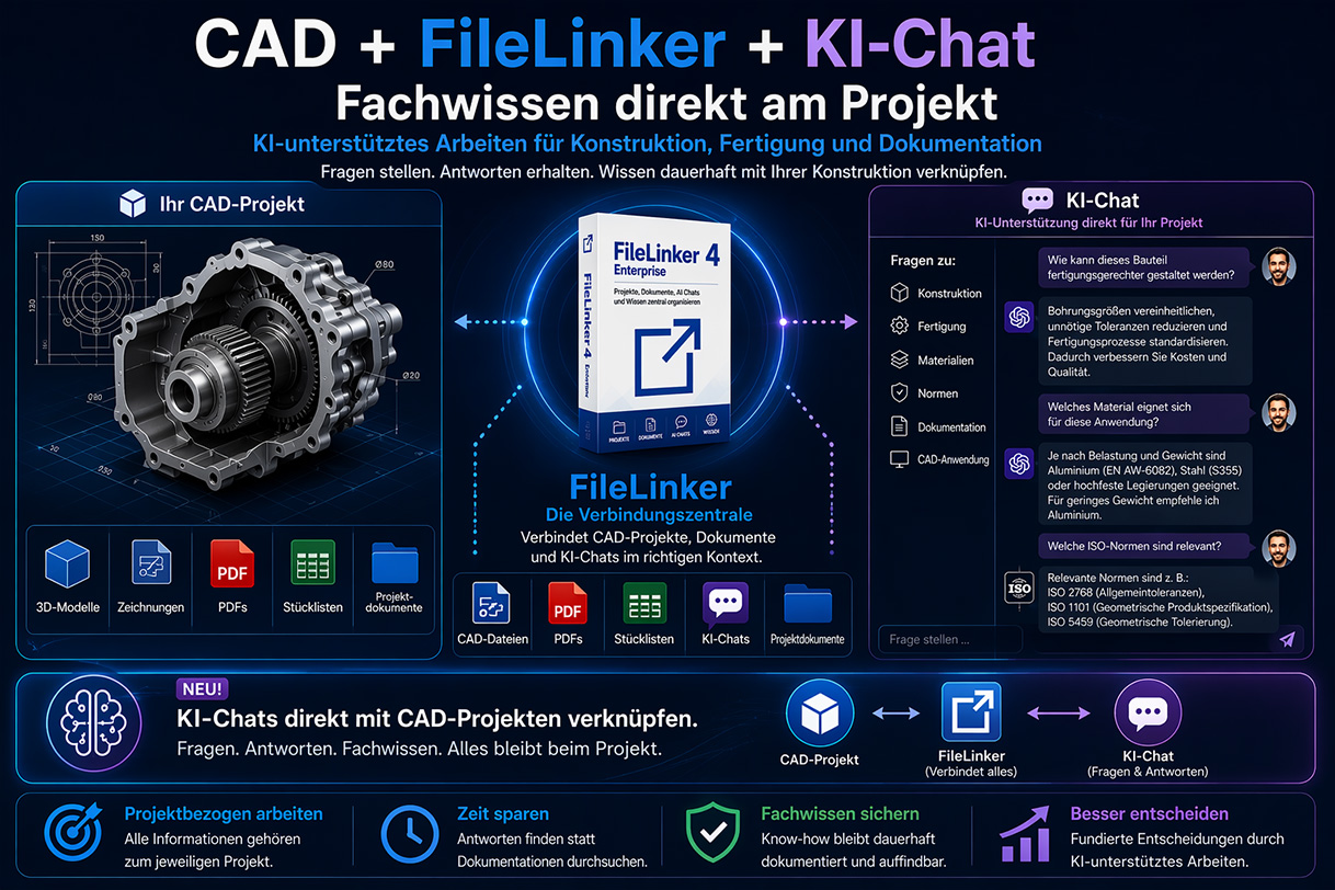 Infografik zeigt die Verbindung von CAD-Projekten, Dateien und KI-Chats über FileLinker als zentrale Plattform.