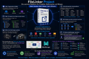Infographic poster about the FileLinker Project core platform and its modules for organizing projects and data.