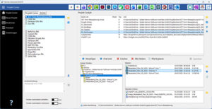 Screenshot of a project management app UI: left navigation pane, middle project list, and right panels showing project cockpit, links, and file explorer
