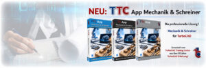 Advertising banner for TTC App Mechanik & Schreiner with three software boxes, a laptop image, and German promotional text about TurboCAD integration.