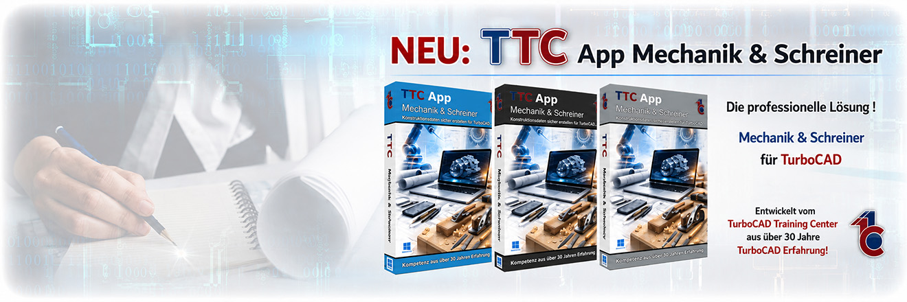 Advertising banner for TTC App Mechanik & Schreiner with three software boxes, a laptop image, and German promotional text about TurboCAD integration.
