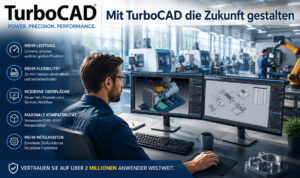 CAD-Arbeitsplatz mit zwei Monitoren; Ingenieur bearbeitet 3D-Modelle in einer Fertigungshalle; TurboCAD-Werte rechts aufgeführt.